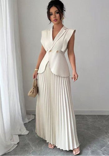 Women Sleeveless V Neck Top and Pleated Midi Skirt Two Piece Set