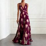 Women Tulip Printed Sleeveless V Neck Maxi Dress