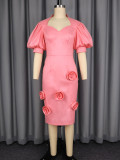 Women Elegant Heart Neck Lantern Sleeve Bodycon Dress