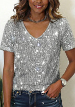 Women Silver V Neck Short Sleeve T-Shirt Women Silver V Neck Short Sleeve T-Shirt