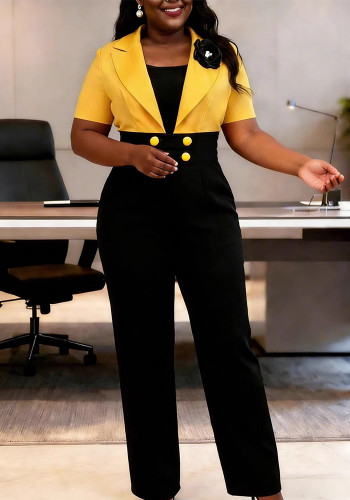 Women Color Block Turndown Collar Patchwork Jumpsuit