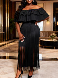 Plus Size Women African Yellow Off Shoulder Fringed Ruffled Formal Party Maxi Dress