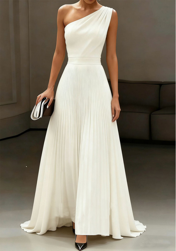 Women One Shoulder White Elegant Pleated Summer Maxi Dress