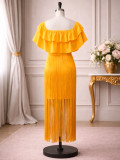 Plus Size Women African Yellow Off Shoulder Fringed Ruffled Formal Party Maxi Dress