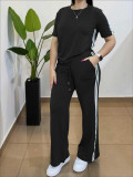 Women Casual Striped T-Shirt Straight Pants Two Piece Set