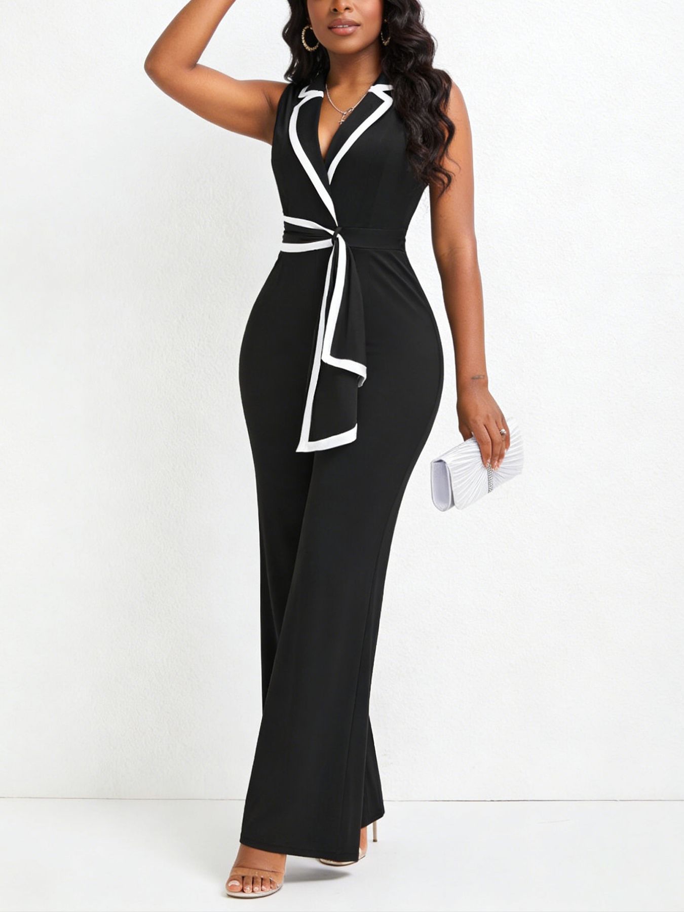 Belted V-Neck Jumpsuit for Elegant Evening Wear