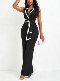 Women Belt V Neck Elegant Jumpsuit
