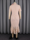 Women Lace Pattern Round Neck Bow Bodycon Elegant Wedding Bridesmaid Mermaid Dress