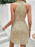 Women Summer Tie Waist Polka Dot Ruffled Sleeveless Corset Halter Neck Dress