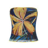 Women Color Block Floral Printed Sleeveless Strapless Holidays Top