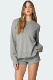 Women Summer Casual Round Neck Striped Patchwork Knitting Top and Shorts Two Piece Set