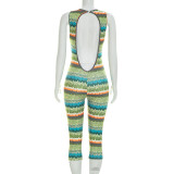 Women Summer Sleeveless Multi-Color Wave Print Backless Capri Romper