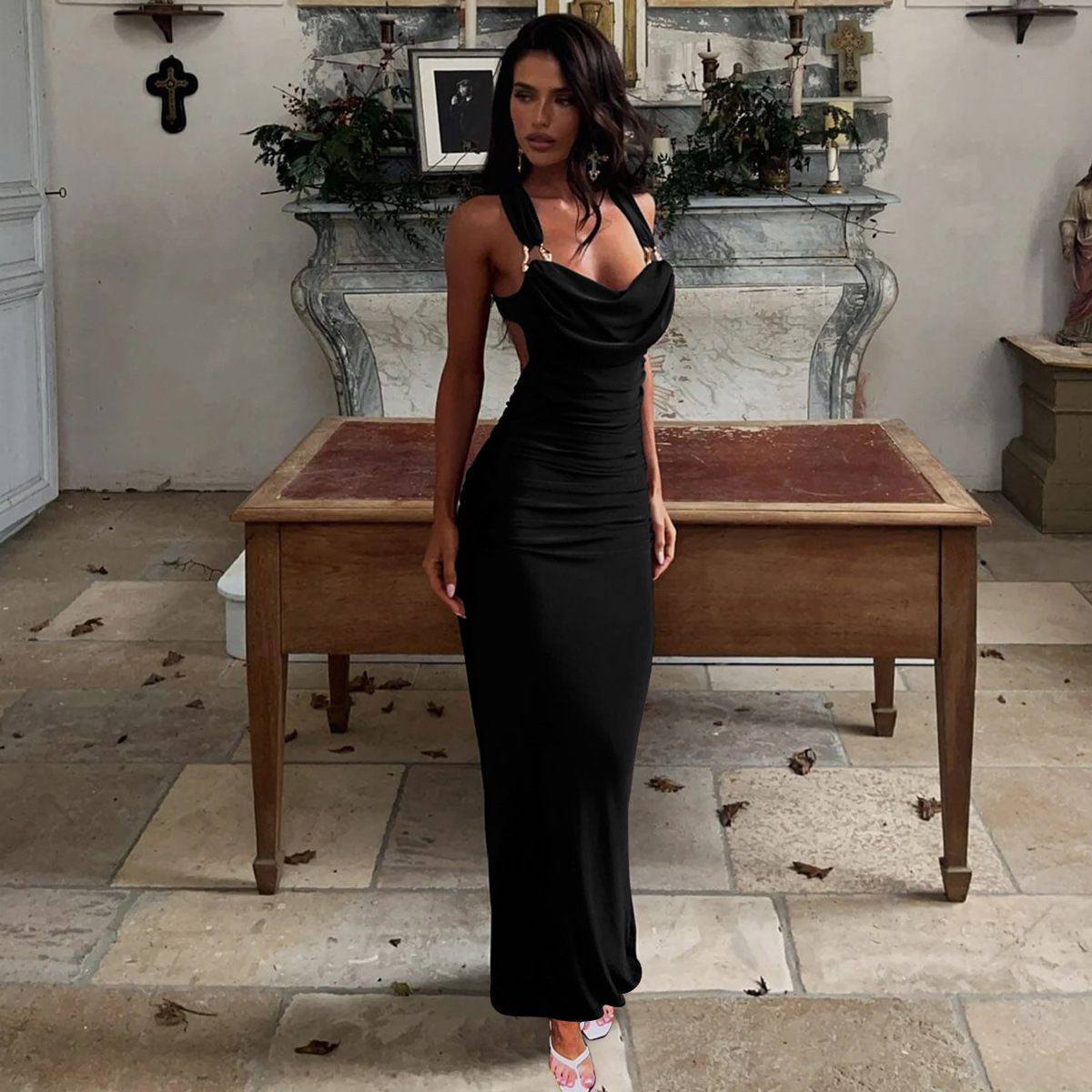 Backless Ruffled Lace-Up Maxi Dress for Evening Events