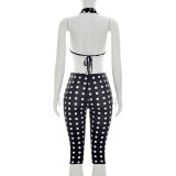 Women Summer Polka Dot Printed Sleeveless Halter Neck Lace-Up Backless Capri Length Jumpsuit