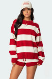 Women Summer Casual Round Neck Striped Patchwork Knitting Top and Shorts Two Piece Set