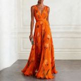 Women Tulip Printed Sleeveless V Neck Maxi Dress