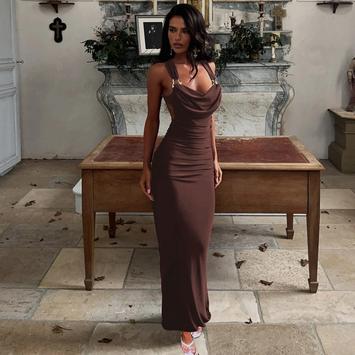 Backless Ruffled Lace-Up Maxi Dress for Evening Events