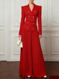 Women Blazer and Pleated Long Skirt Two Piece Set