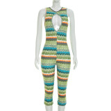 Women Summer Sleeveless Multi-Color Wave Print Backless Capri Romper