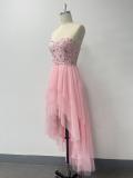 Spring Summer Women Strapless Layered Mesh Irregular Party Mini Dress