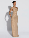 Women Summer Clothing Slash Shoulder Sleeveless Beaded Maxi Dress