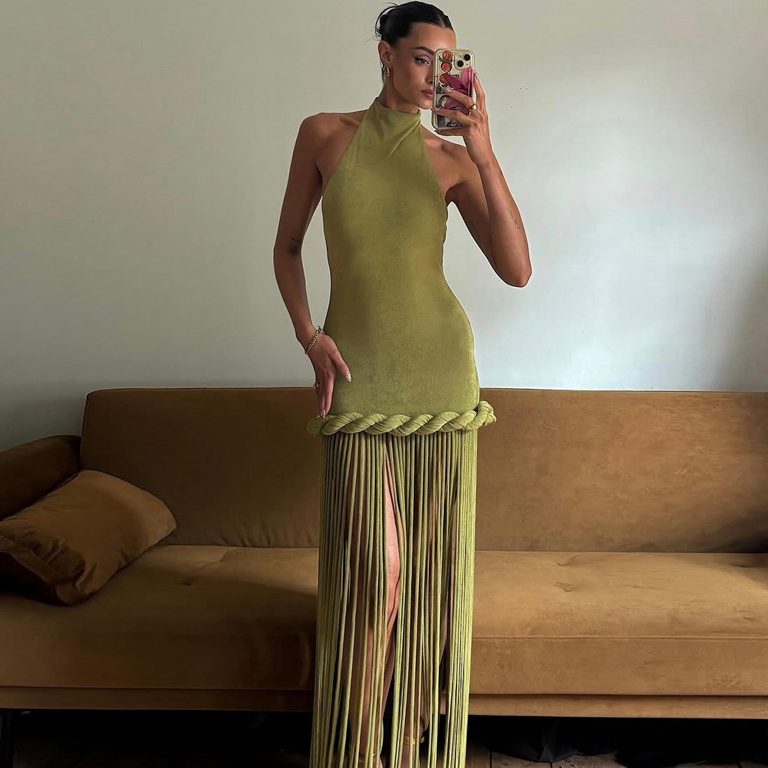 Fringed Halter Backless Dress for Spring Evening Events