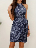 Women Summer Tie Waist Polka Dot Ruffled Sleeveless Corset Halter Neck Dress