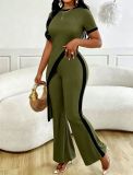 Women Fashion Colorblock Asymmetrical Open Waist Top Wide Leg Pants Set