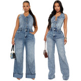 Women Washed Denim High Stretch Slim Fit Wide Leg Jumpsuit