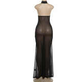 Women Spring Halter Neck Backless Mesh Patchwork Sexy See-Through Bodycon Dress