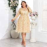 Summer Fall Women Mesh Embroidery Round Neck Plus Size Long Sleeve Evening Dress