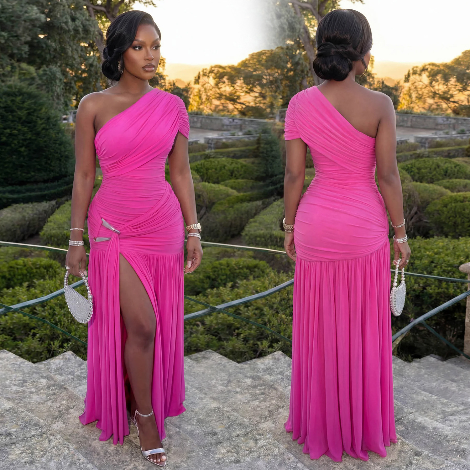 Sleeveless Slash Shoulder Split Dress for Evening Wear
