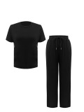 Women Casual Striped T-Shirt Straight Pants Two Piece Set