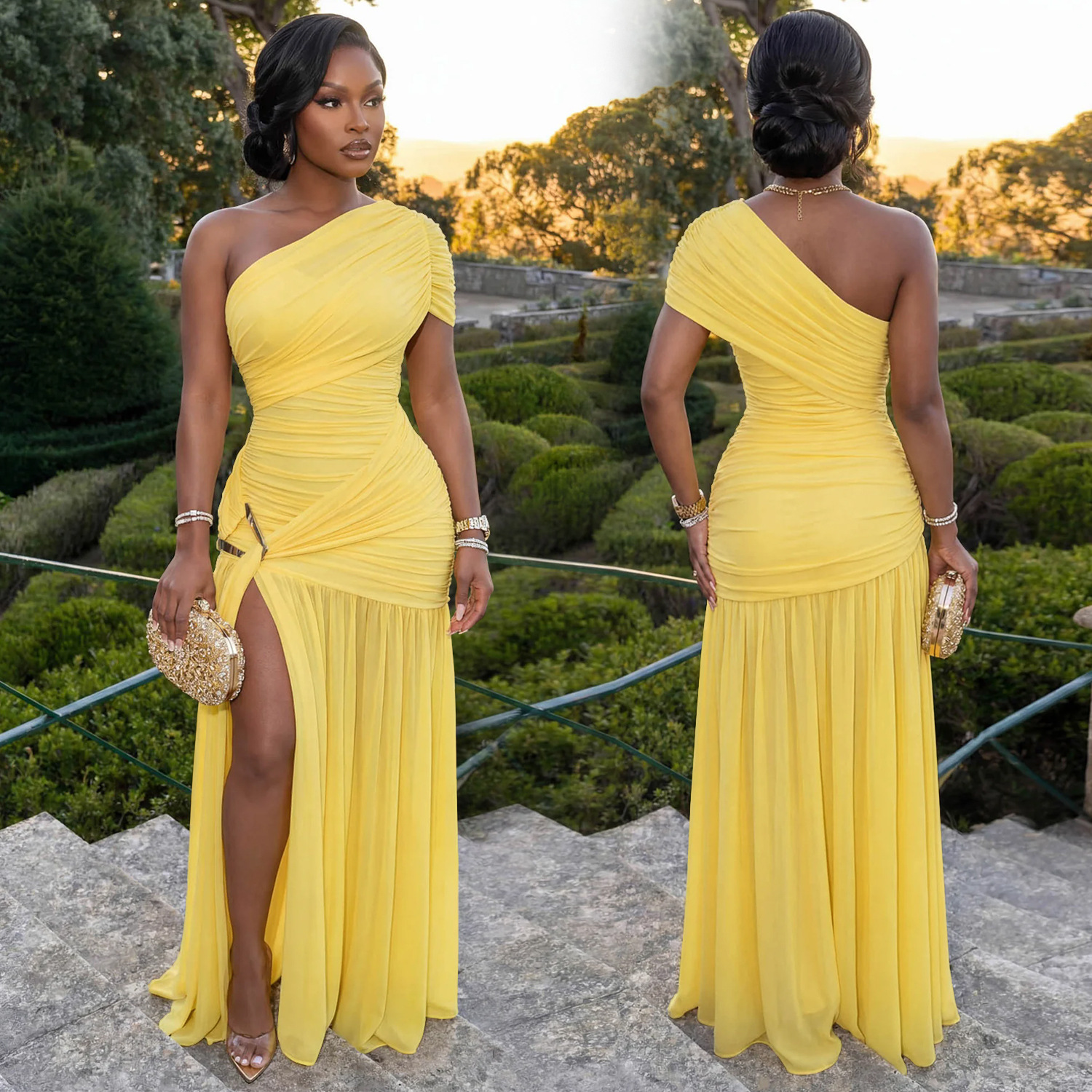 Sleeveless Slash Shoulder Split Dress for Evening Wear
