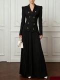 Women Blazer and Pleated Long Skirt Two Piece Set