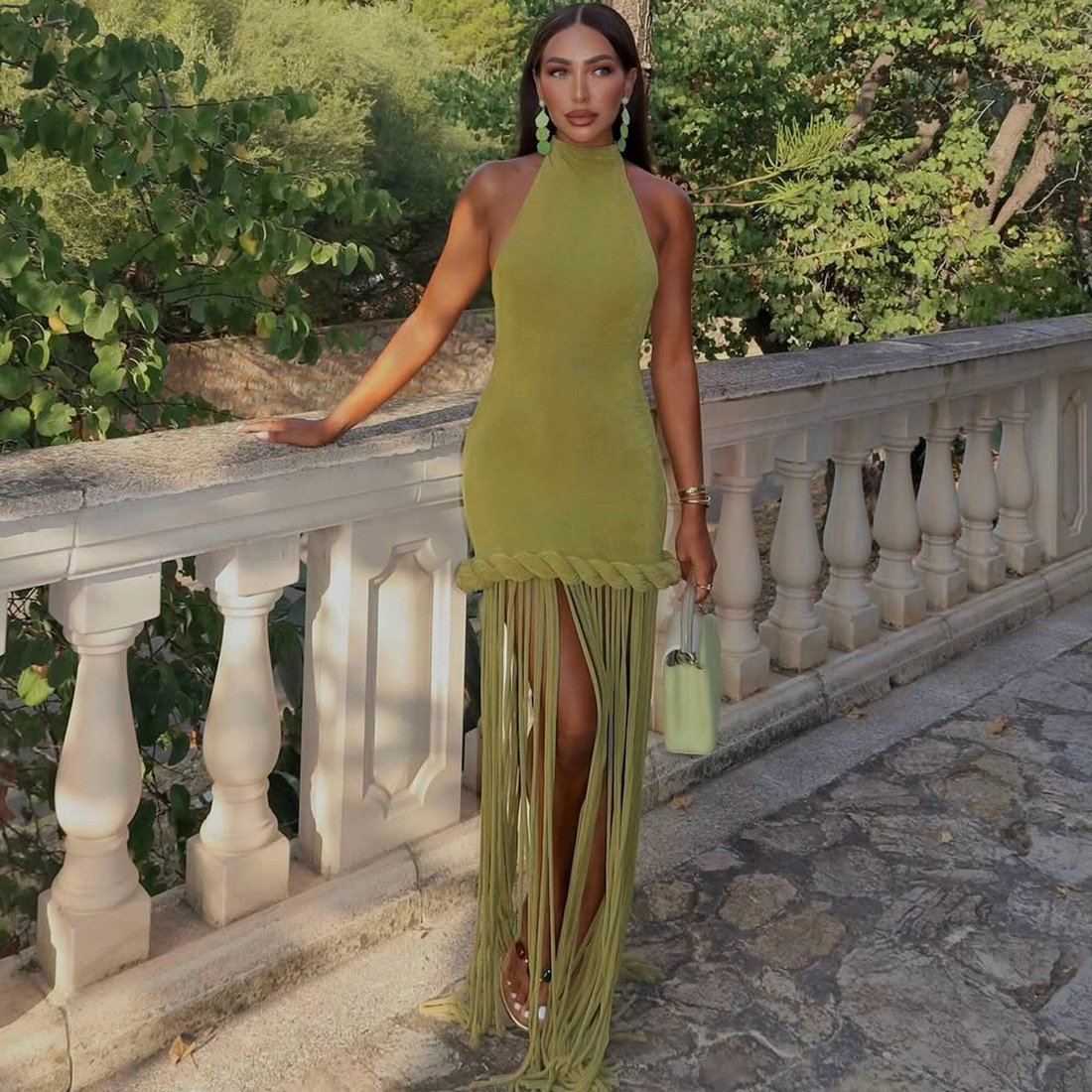 Fringed Halter Backless Dress for Spring Evening Events
