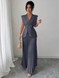 Women Sleeveless V Neck Top and Pleated Midi Skirt Two Piece Set