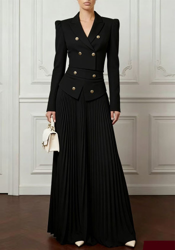 Women Blazer and Pleated Long Skirt Two Piece Set