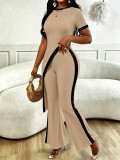 Women Fashion Colorblock Asymmetrical Open Waist Top Wide Leg Pants Set