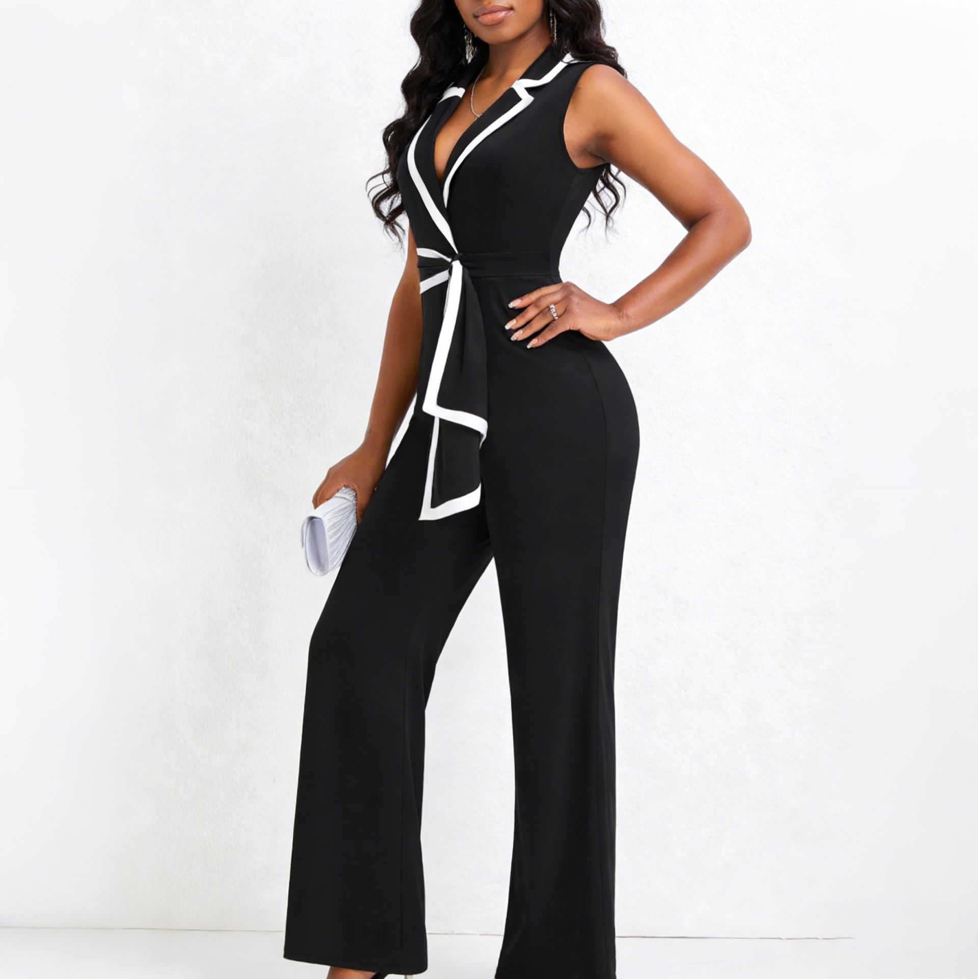 Belted V-Neck Jumpsuit for Elegant Evening Wear