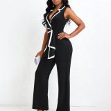 Women Belt V Neck Elegant Jumpsuit