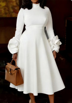 Plus Size Women Elegant High Neck Long Sleeve Floral Sleeve Dress