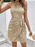 Women Summer Tie Waist Polka Dot Ruffled Sleeveless Corset Halter Neck Dress