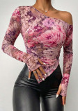 Women Slash Shoulder Long Sleeve Asymmetrical Ruffled See-Through Mesh Top