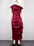 Women Burgundy One Shoulder Ruffled Formal Party Bodycon Dress