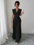 Women Sleeveless V Neck Top and Pleated Midi Skirt Two Piece Set
