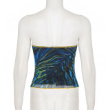 Women Color Block Floral Printed Sleeveless Strapless Holidays Top
