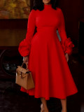 Plus Size Women Elegant High Neck Long Sleeve Floral Sleeve Dress