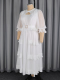 Plus Size Women Cut-Out Rhinestone Belt Multi-Layer Ruffled Formal Party Elegant Pleated Dress