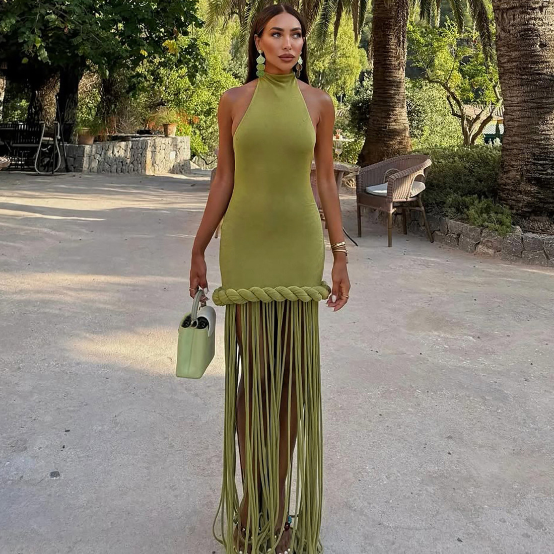 Fringed Halter Backless Dress for Spring Evening Events